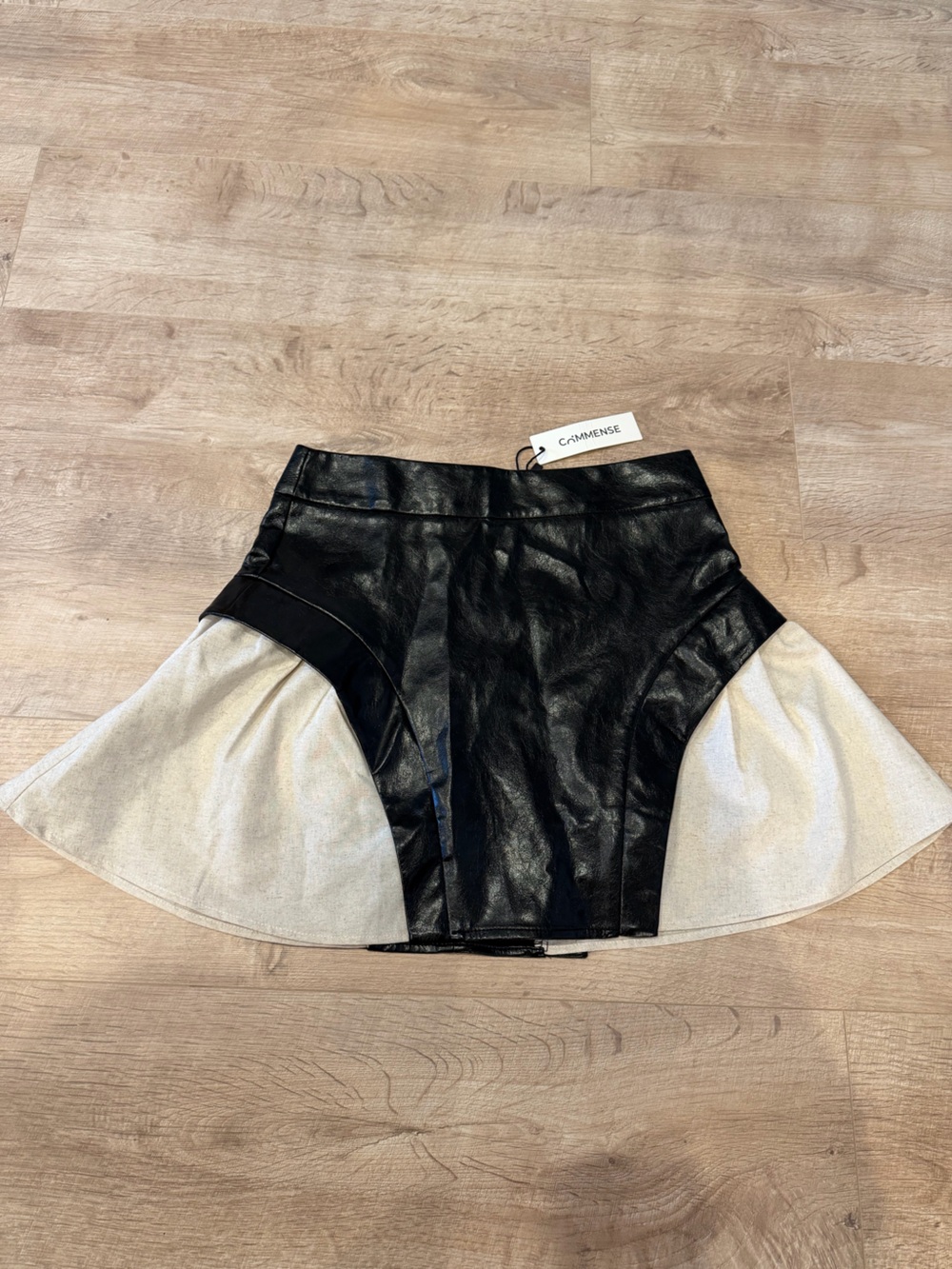 Commense Black and Cream Faux Leather Panel Skirt
